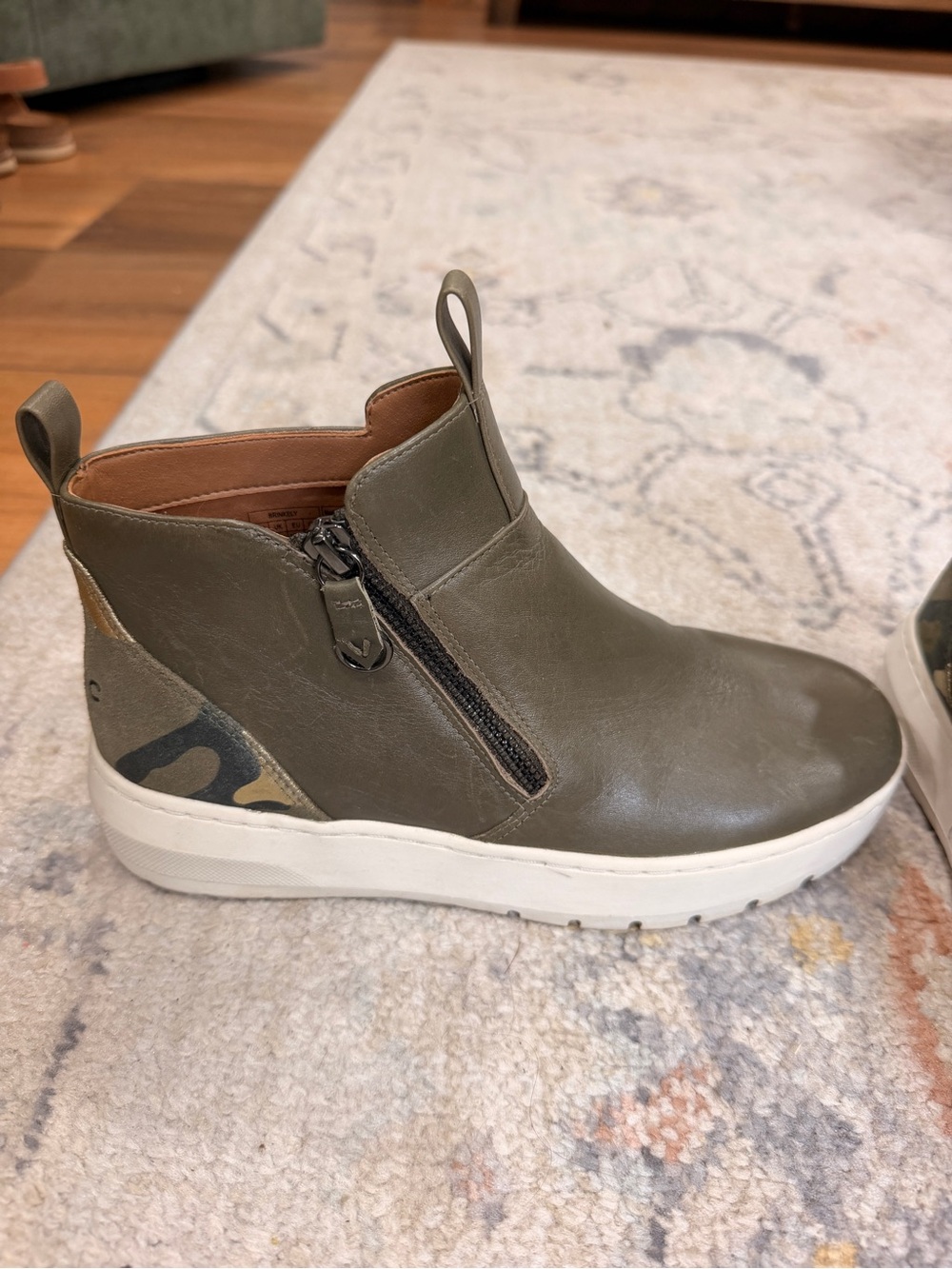 Vionic Olive Green Side Zip Wedge Ankle Bootie with Camouflage Heel